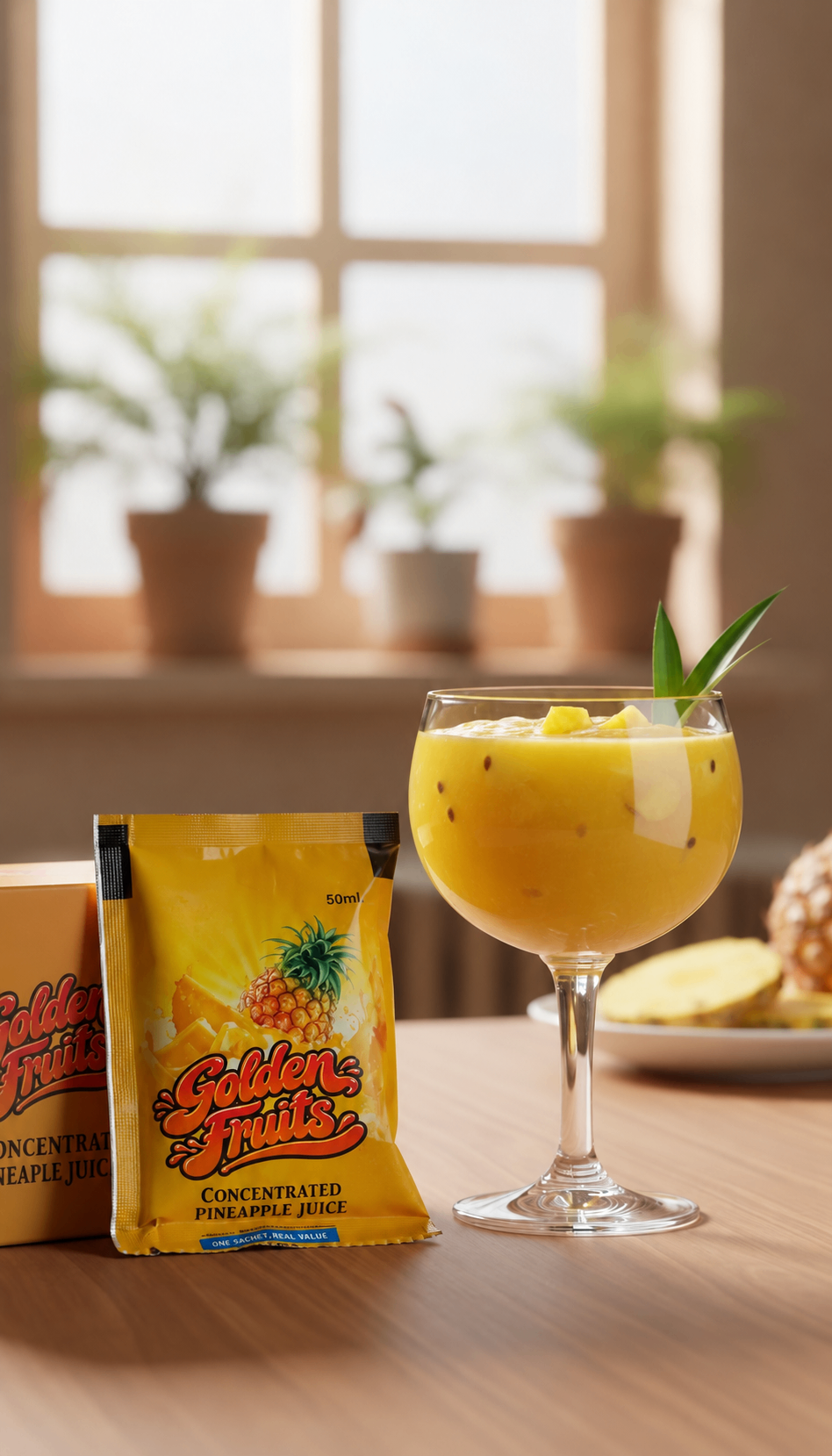 Golden Fruits sachet beside a glass of pineapple juice